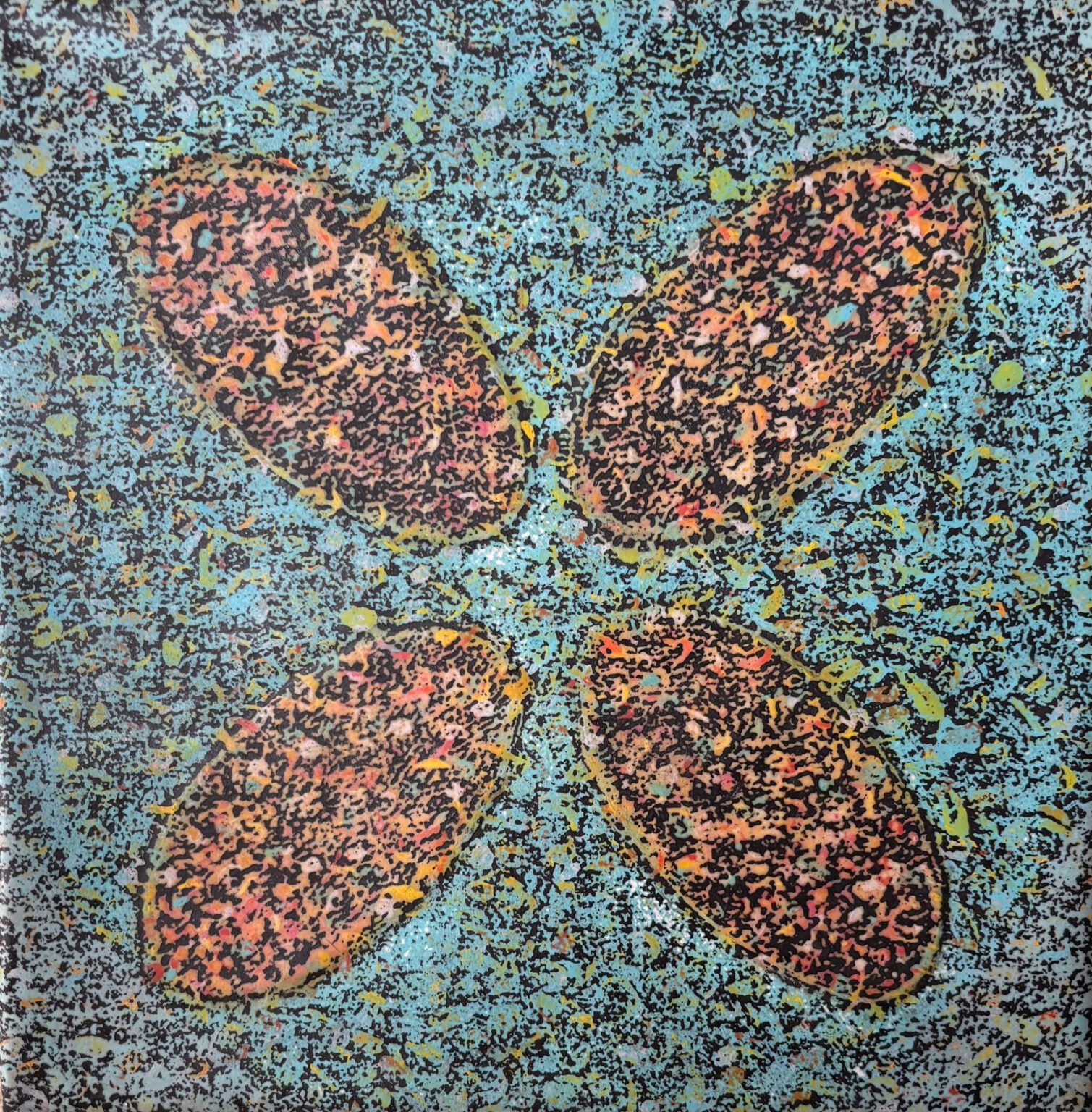 Abstract artwork with four leaf-like shapes on a textured blue background.