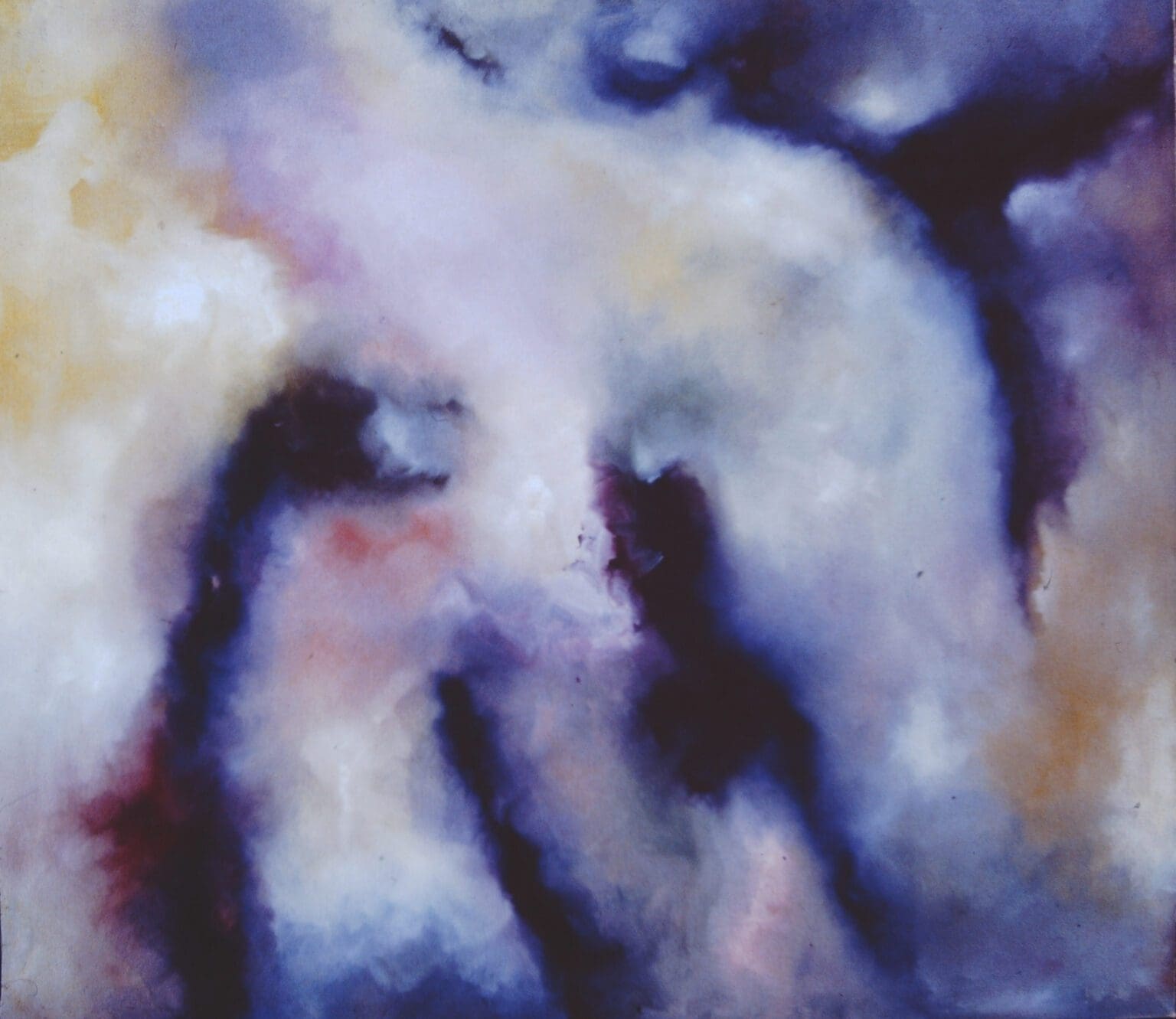 Abstract painting with swirling blue, white, and beige tones.