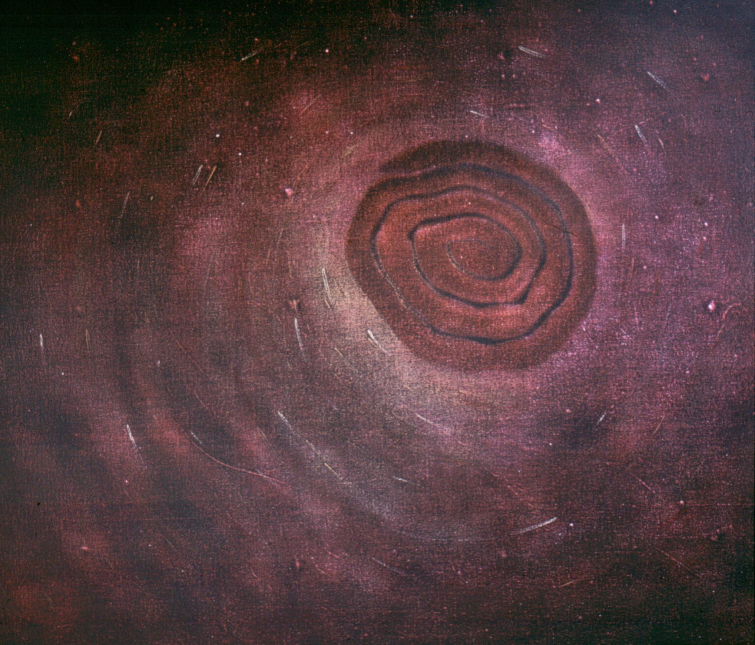 Acrylic painting of swirling cosmic spiral in deep space with reddish hues.