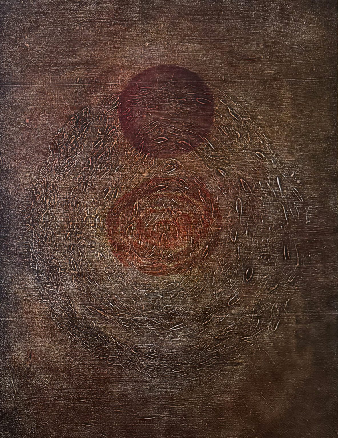 Abstract acrylic painting with two concentric circular shapes on textured spiral background.