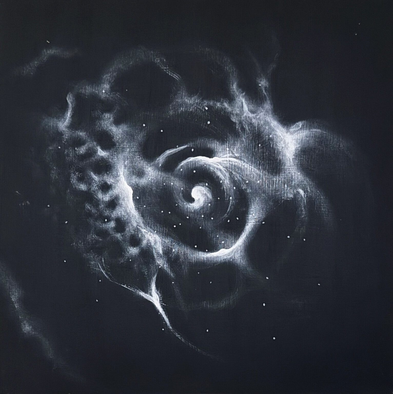 A glowing, abstract spiral pattern resembling cosmic or biological forms.
