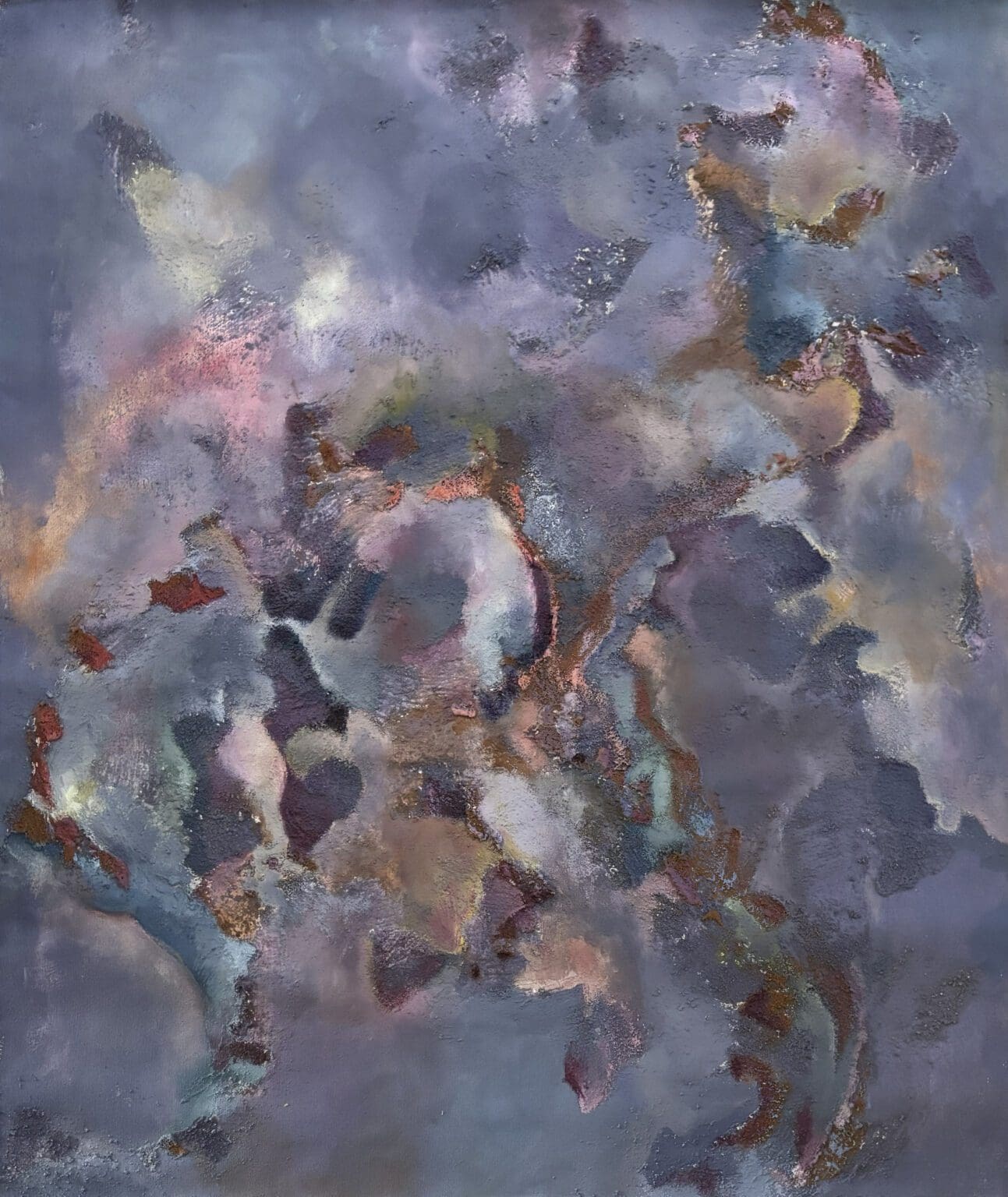 Abstract painting with cloudy, swirling blue and purple tones.