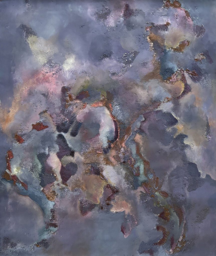Abstract painting with cloudy, swirling blue and purple tones.