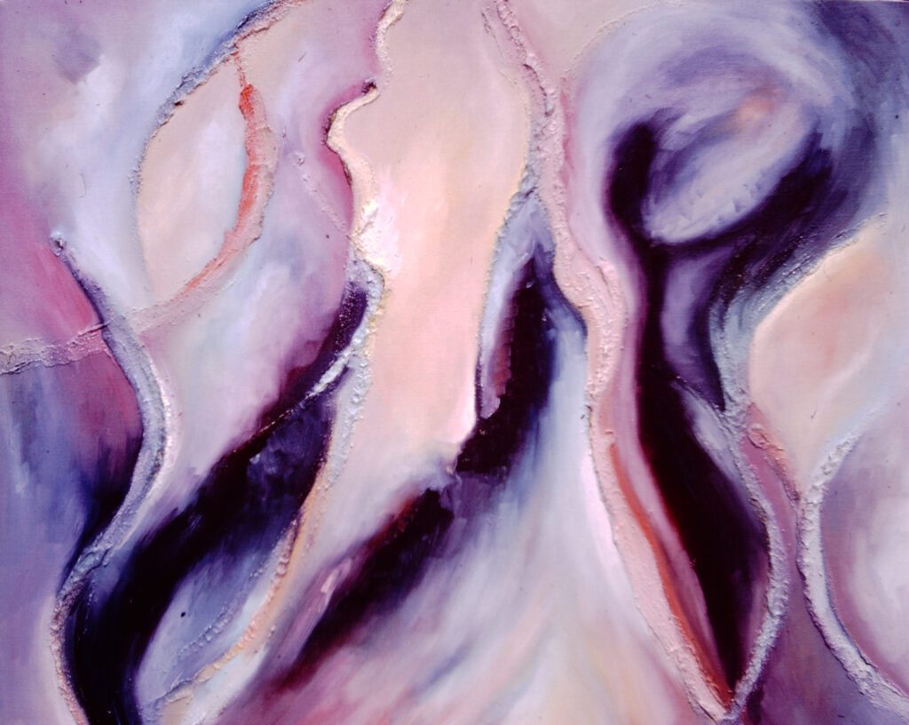 Abstract painting with flowing pastel colors and soft shapes.