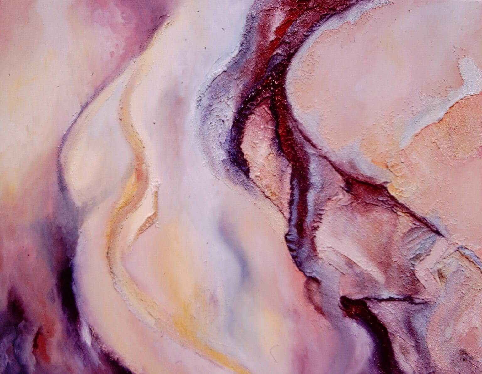 Abstract painting with soft pink and purple hues and dark red veins.
