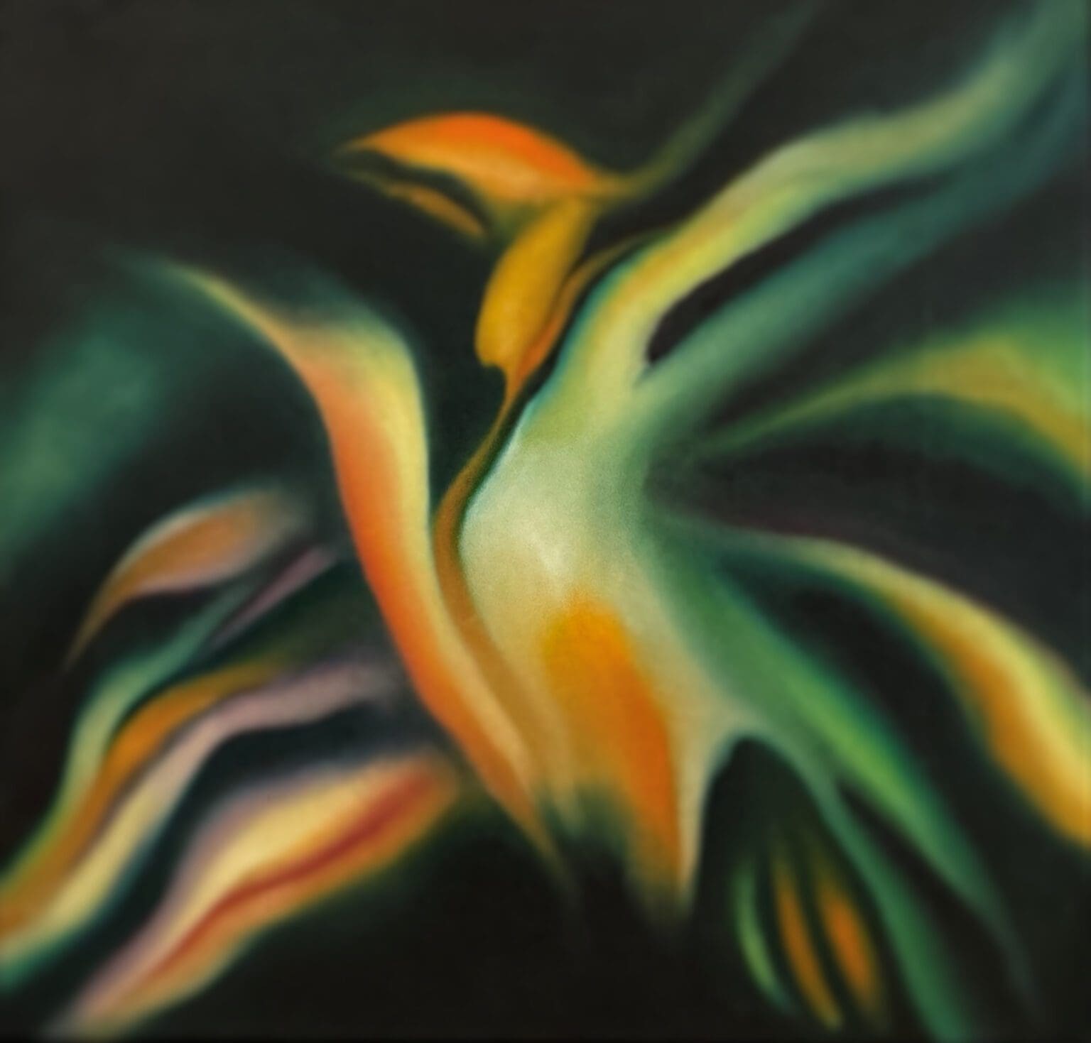 Abstract painting of vibrant, flowing shapes in green, yellow, and orange hues.