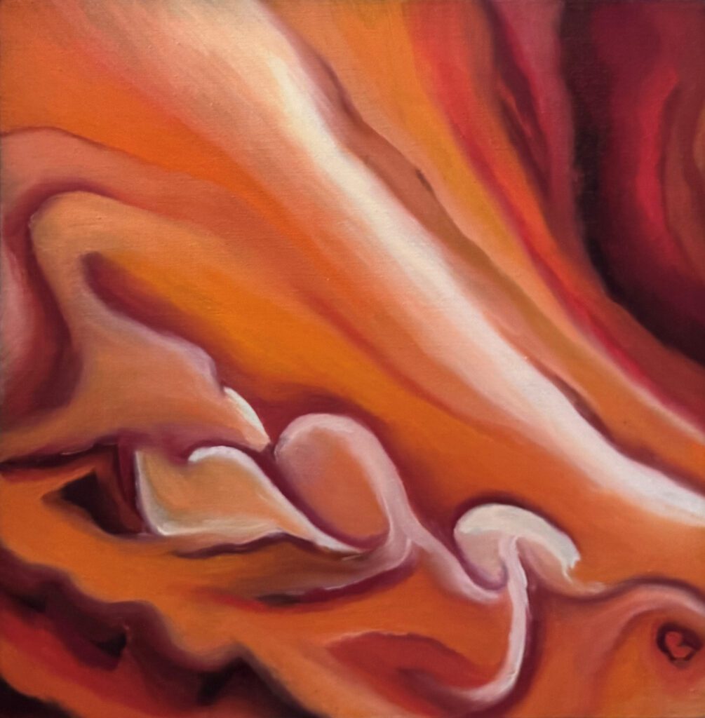 Abstract painting in warm, swirling earth tones.