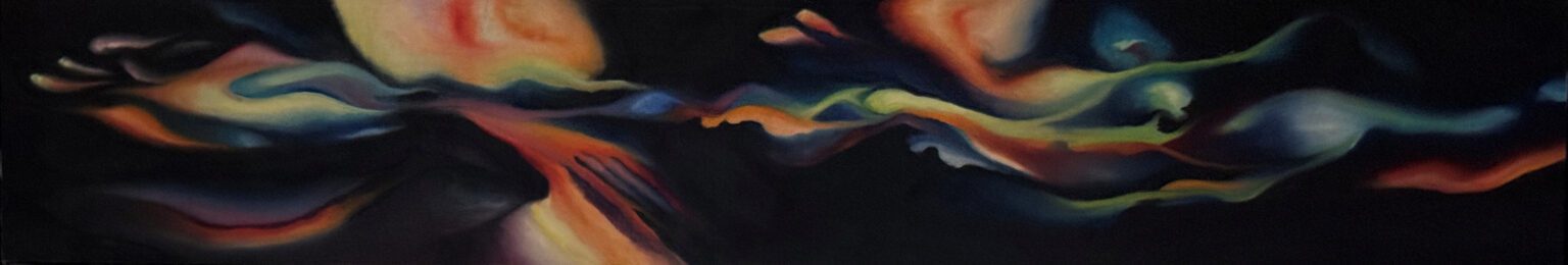 Abstract colorful waves flowing against a dark background.