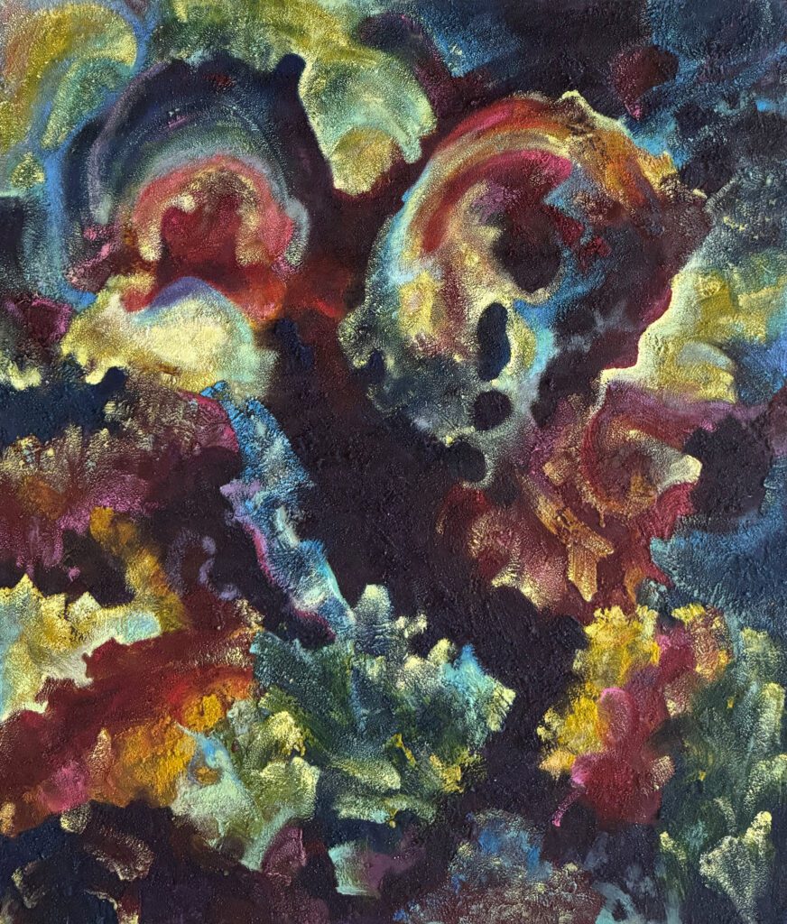 Abstract painting with swirling, vibrant colors and organic shapes.