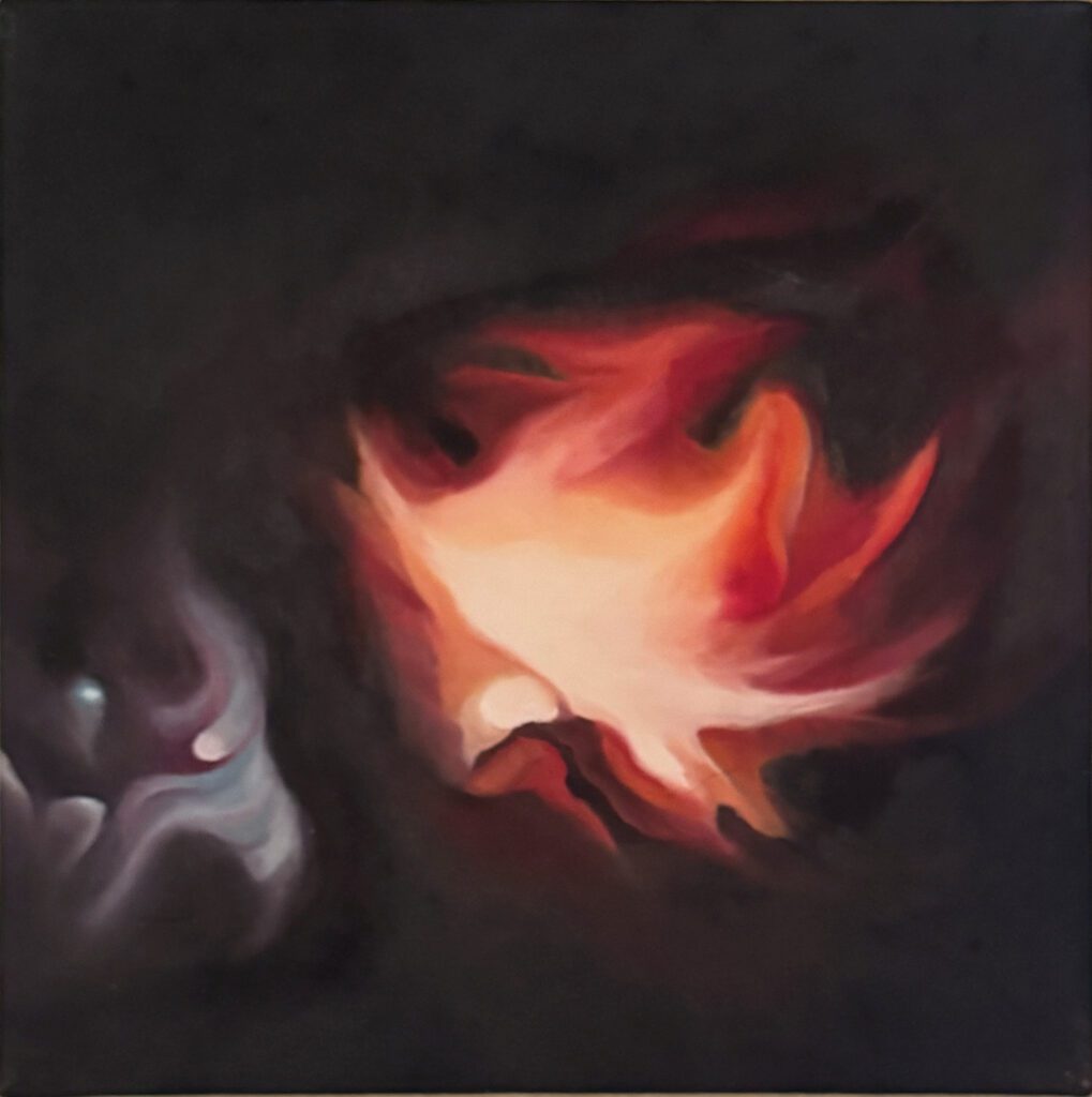 Abstract painting with swirling dark and fiery hues.