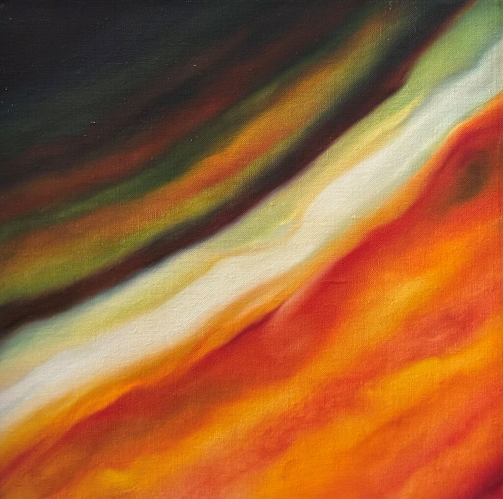 Abstract painting with vibrant swirling colors of orange, red, green, and white.