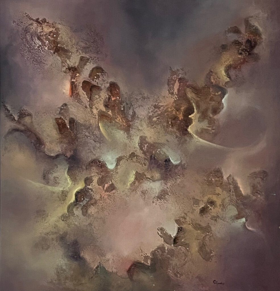 Abstract cosmic cloud formation with swirling, earthy tones.