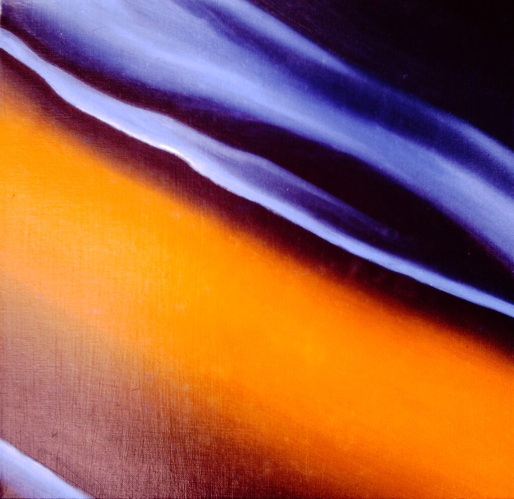 Abstract image with flowing blue and orange streaks.