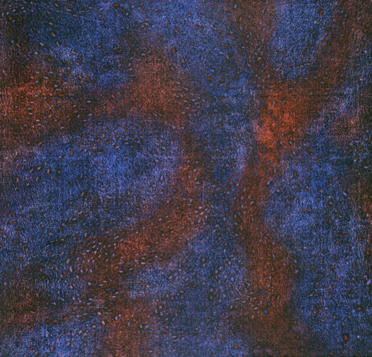 Abstract acrylic painting with a blue textured background and red-colored splotches and speckles