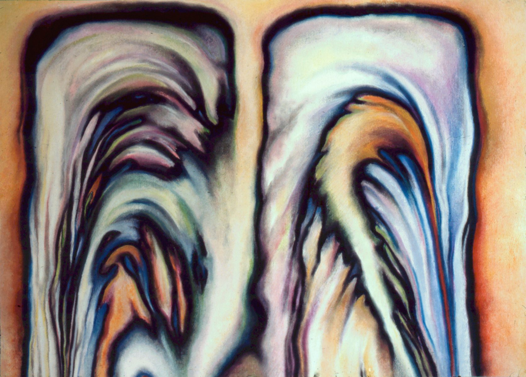 Abstract Pastel Drawing with flowing, curved feathery shapes in earthy tones.
