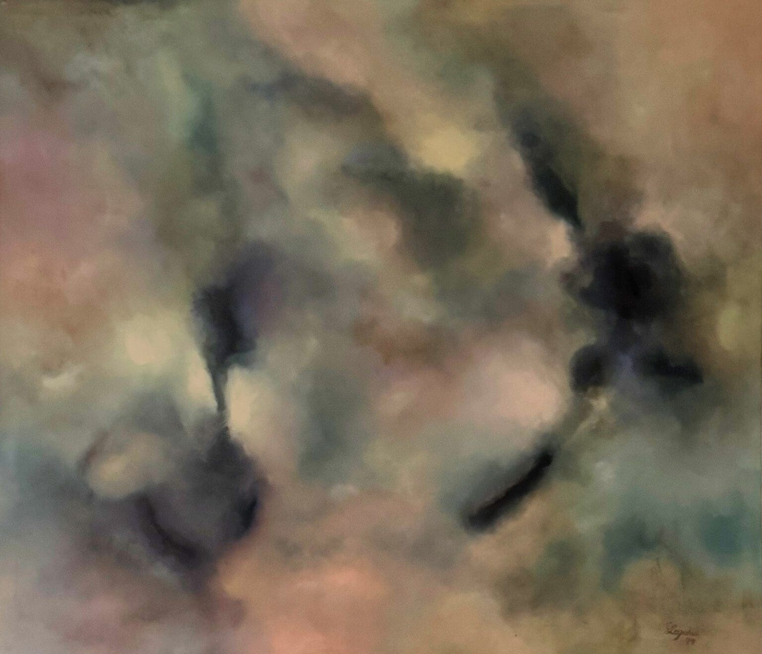 Abstract oil painting with soft colors and dark smoky shapes.