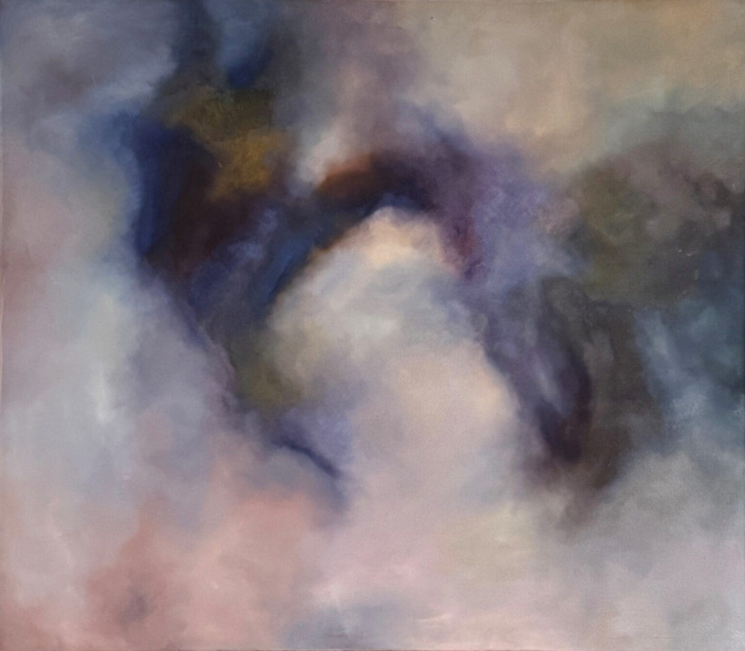 An abstract oil painting with soft, blended clouds of deep blue, muted purple, and dark brown arching across the center. It is surrounded by hazy pockets of cream, pale pink, and soft grey, creating a smoky, atmospheric texture like a stormy sky.
