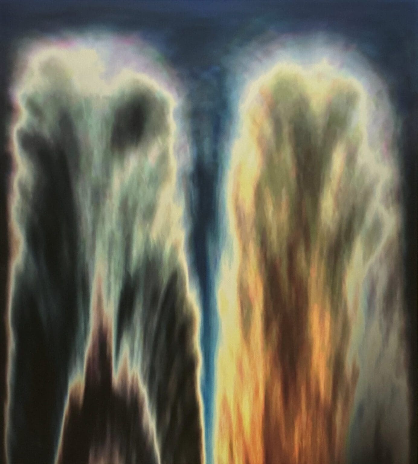 Digital image of two abstract, fiery shapes contrasting dark and light colors.