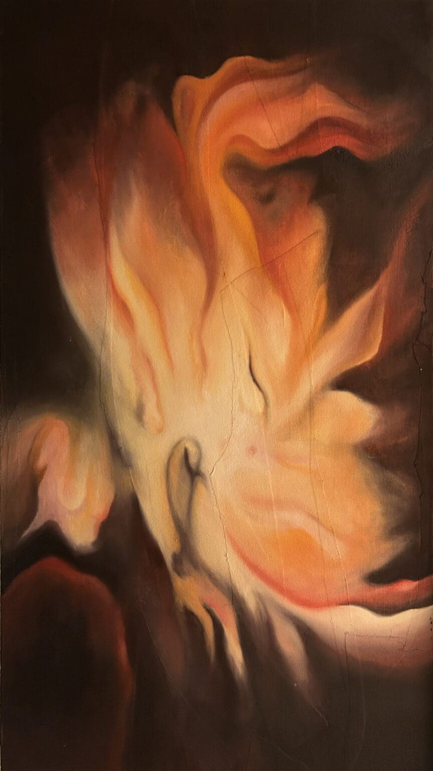 An abstract oil/collage painting depicting fluid, dynamic flames or energetic forms in vibrant shades of orange, yellow, and white against a dark, contrasting background.