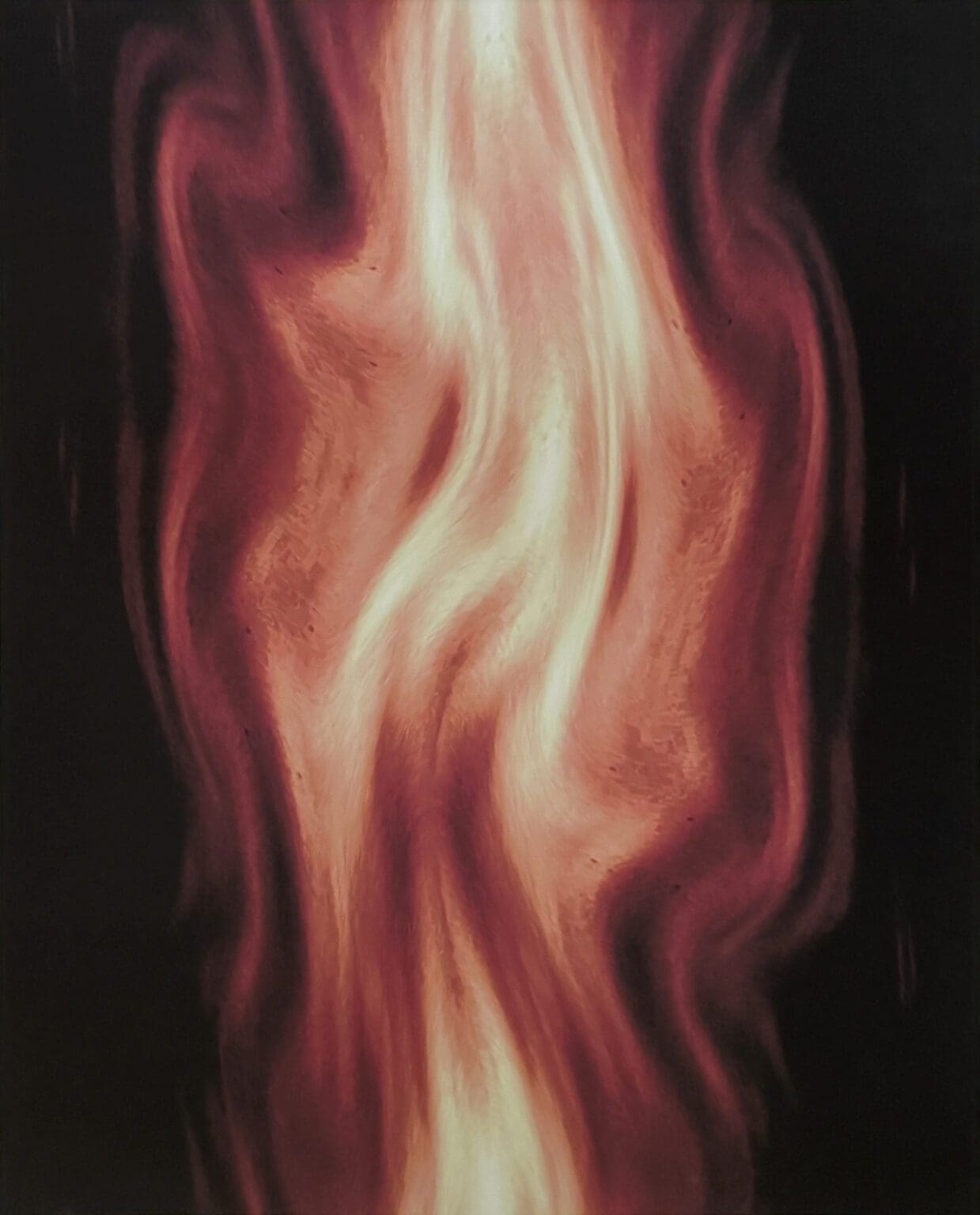 Digital print of bright orange flames flickering against a dark background.
