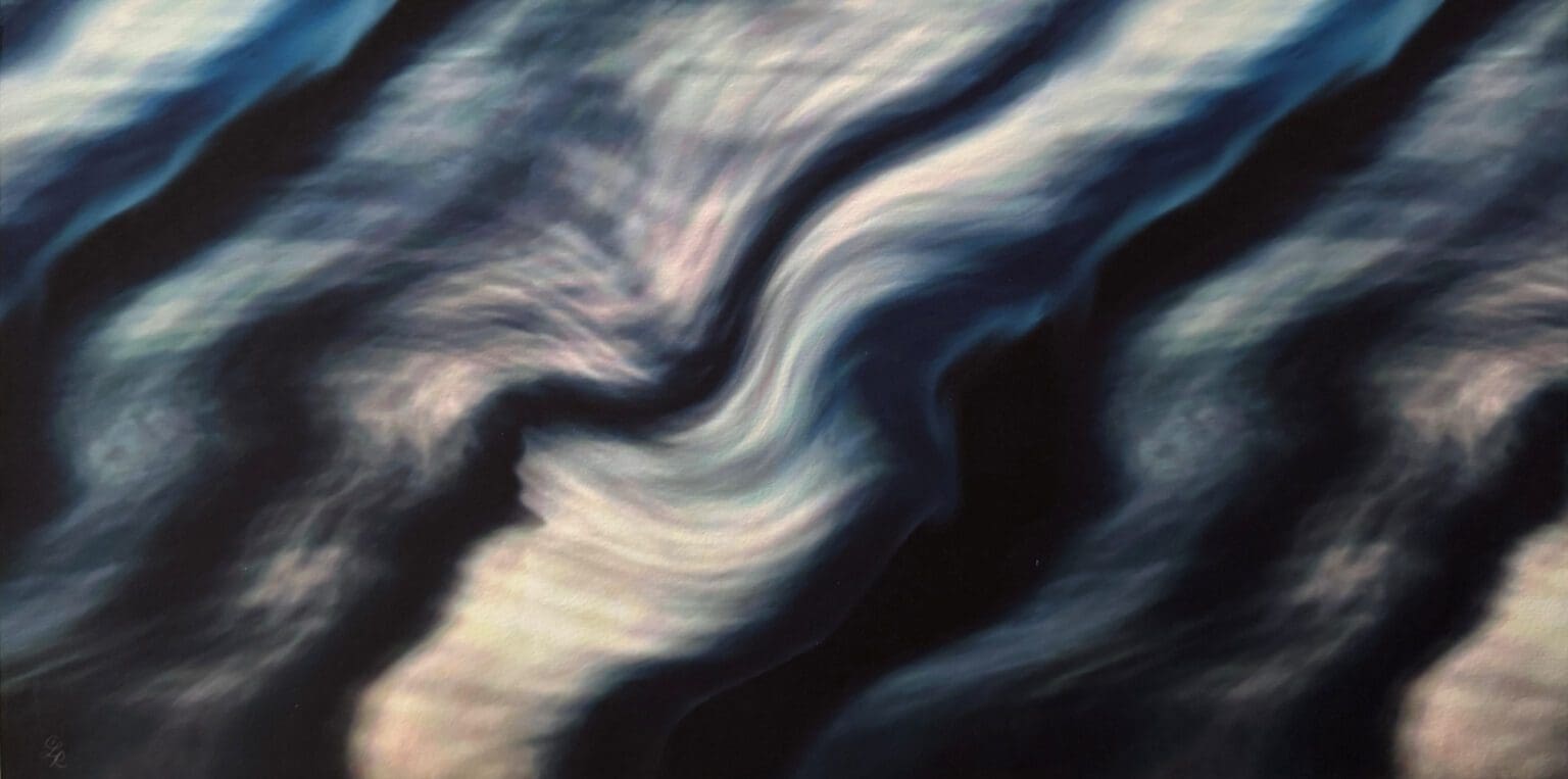 Digital print of swirling dark and light blue abstract waves.